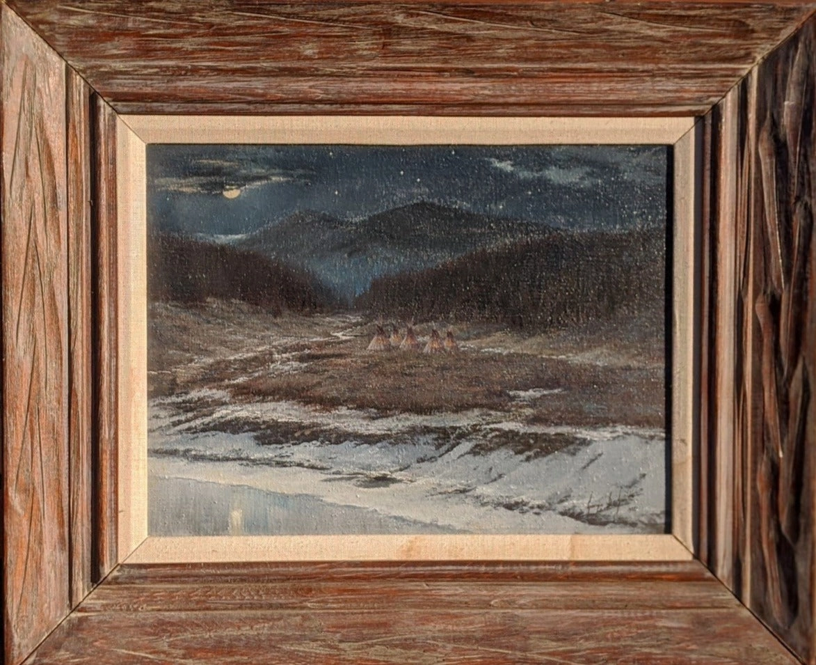 CAMPERS ON THE YELLOWSTONE  OIL PAINTING IN RUSTIC FRAME classic mural painting