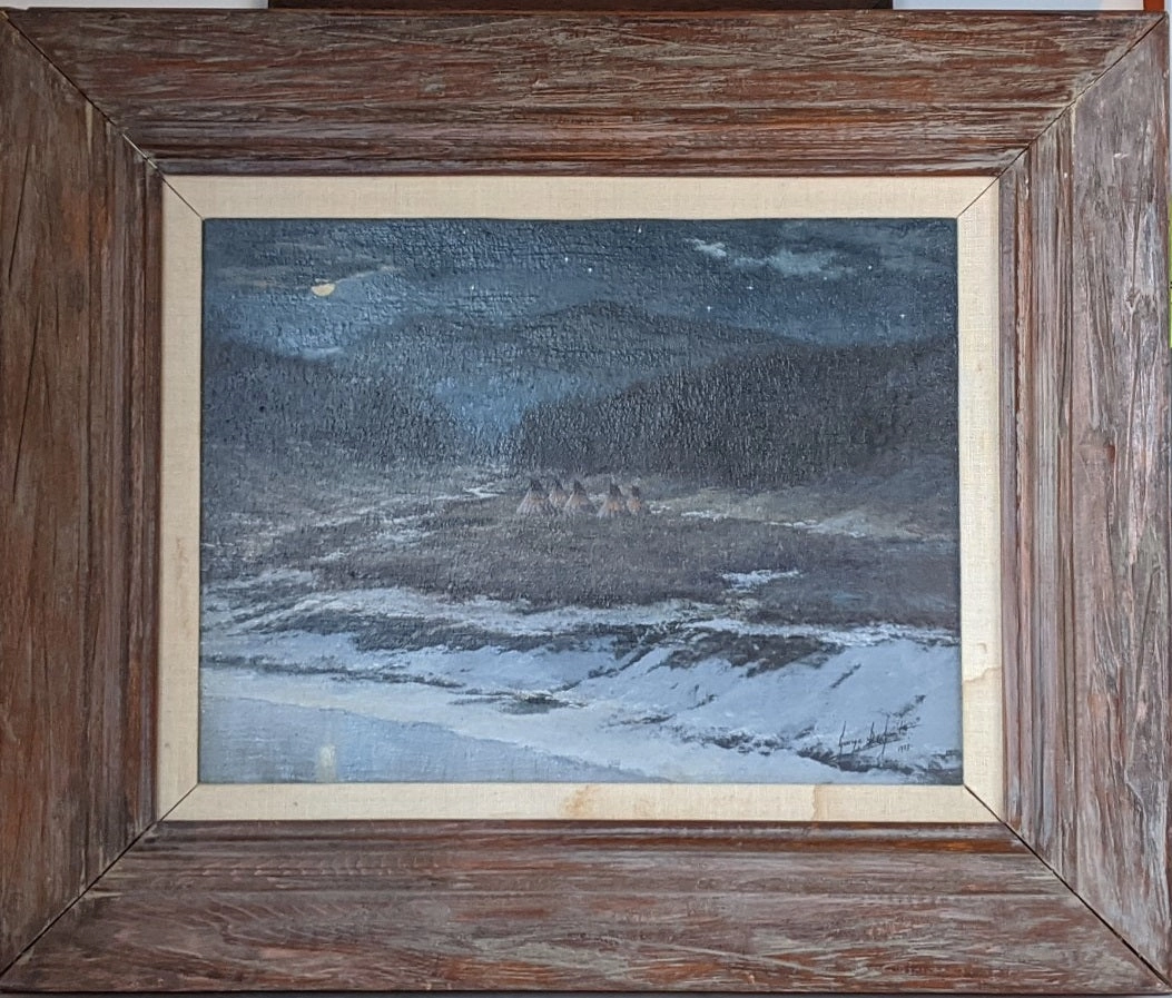 CAMPERS ON THE YELLOWSTONE  OIL PAINTING IN RUSTIC FRAME