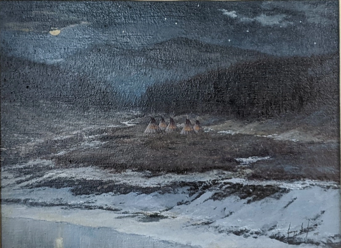 CAMPERS ON THE YELLOWSTONE  OIL PAINTING IN RUSTIC FRAME