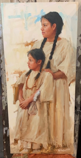 CAPTIVATED" ORIGINAL INDIAN GIRLS OIL PAINTING ON LINEN BY WYOMING ARTIST RANDY NOTTINGHAM classic mural painting