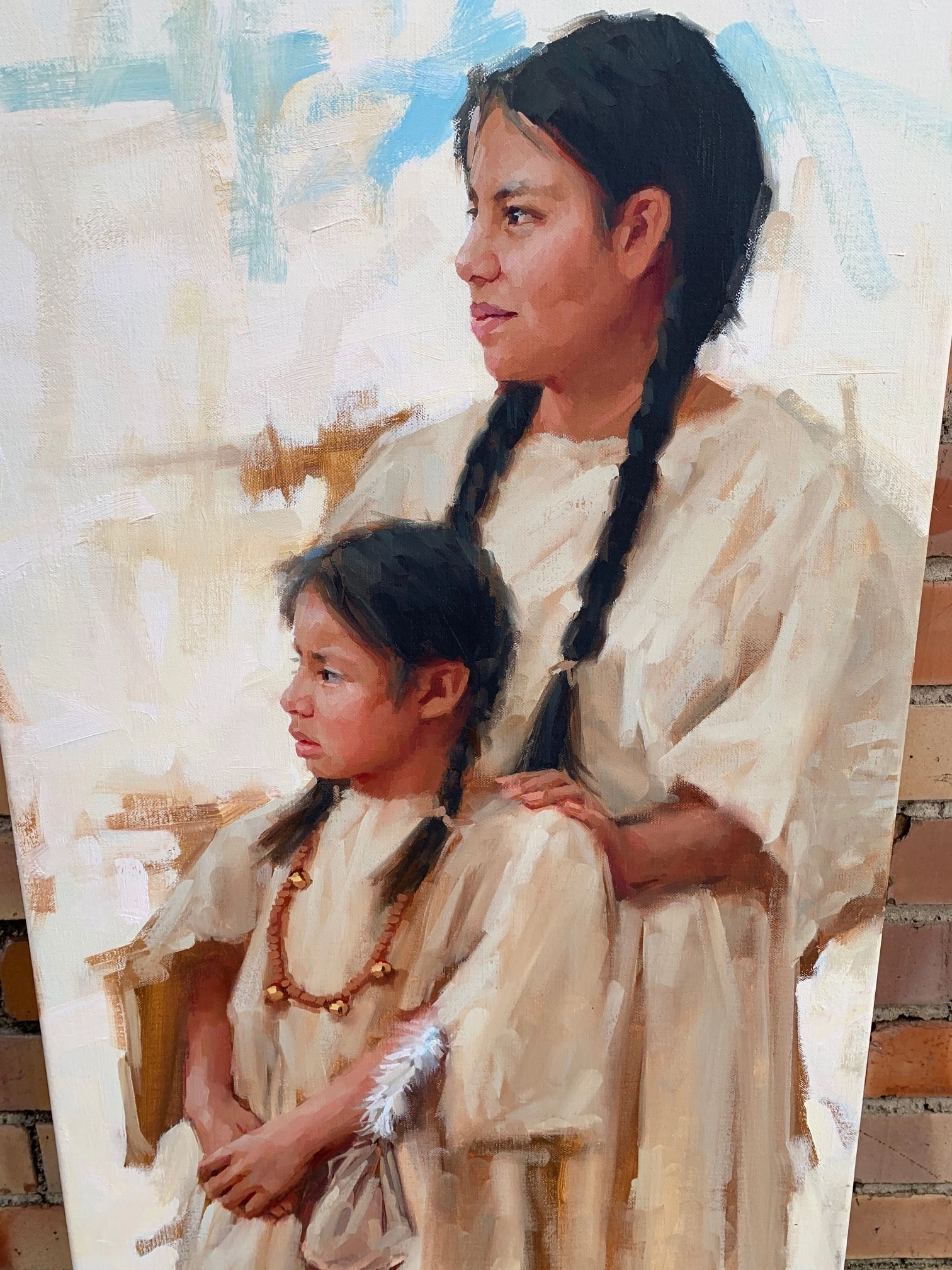 CAPTIVATED" ORIGINAL INDIAN GIRLS OIL PAINTING ON LINEN BY WYOMING ARTIST RANDY NOTTINGHAM