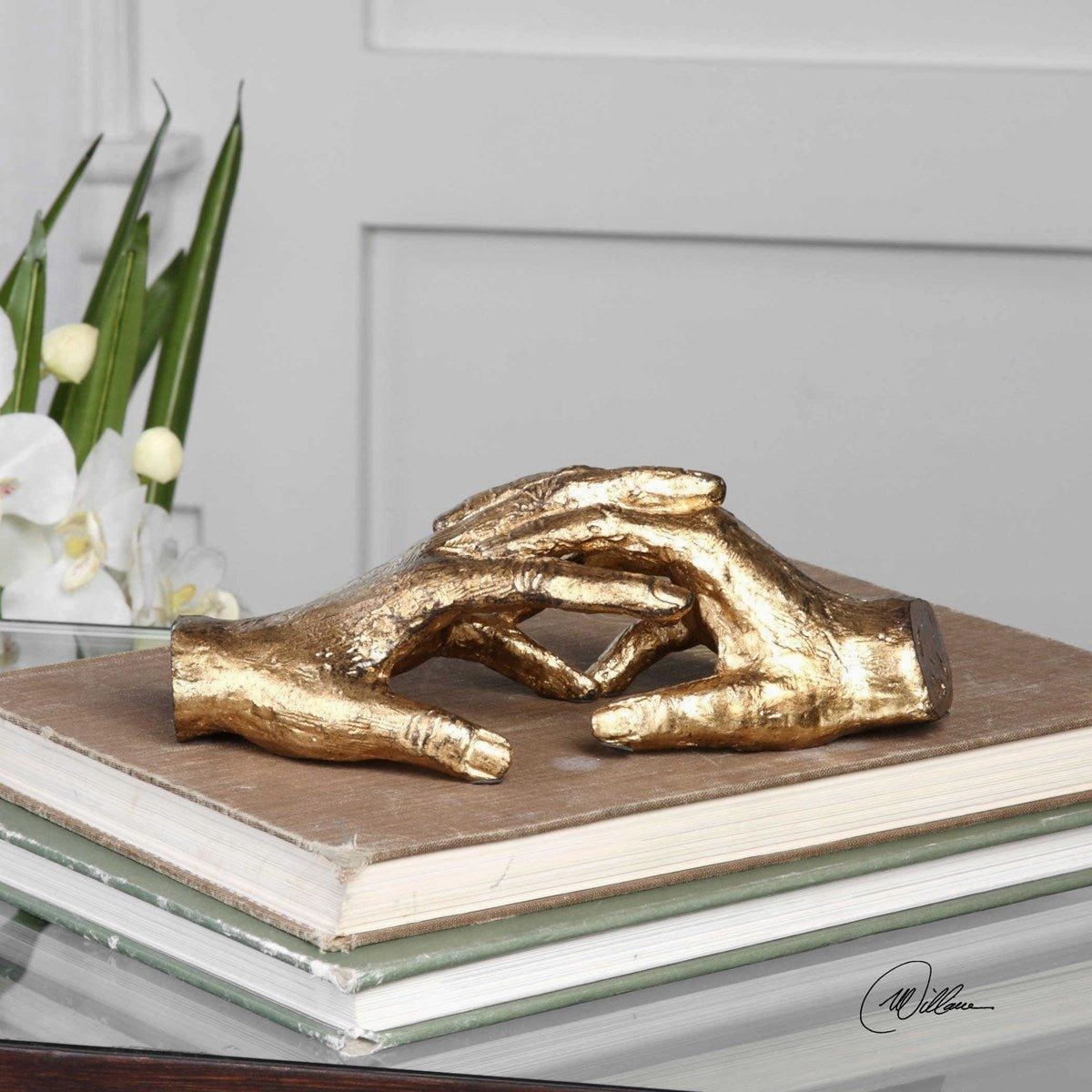 Cast Iron Holding Hands Sculpture Finished with Gold Leaf
