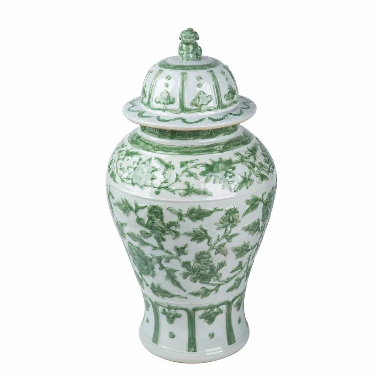 Celadon Green Carved Floral Porcelain Temple Jar with Lion Lid