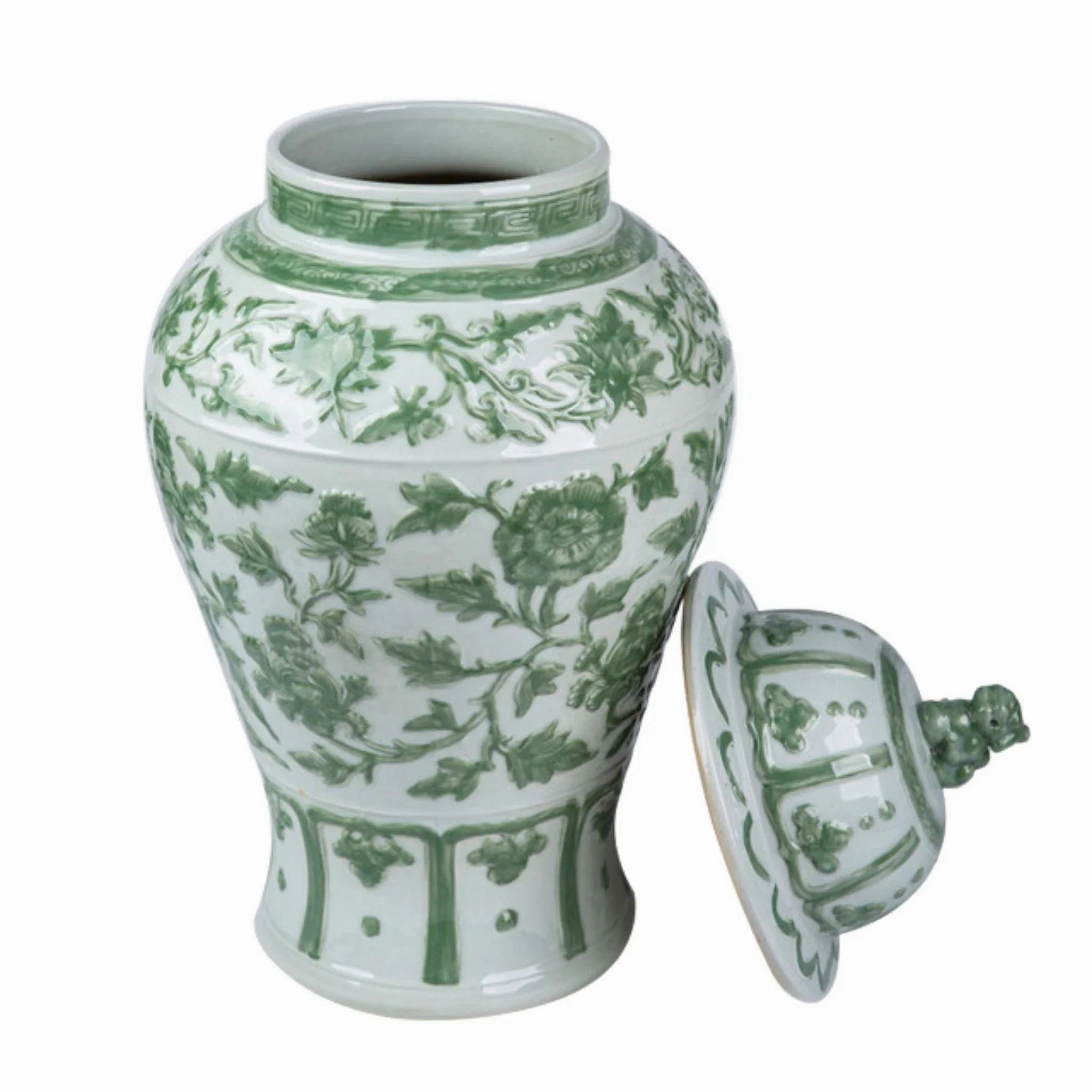 Celadon Green Carved Floral Porcelain Temple Jar with Lion Lid