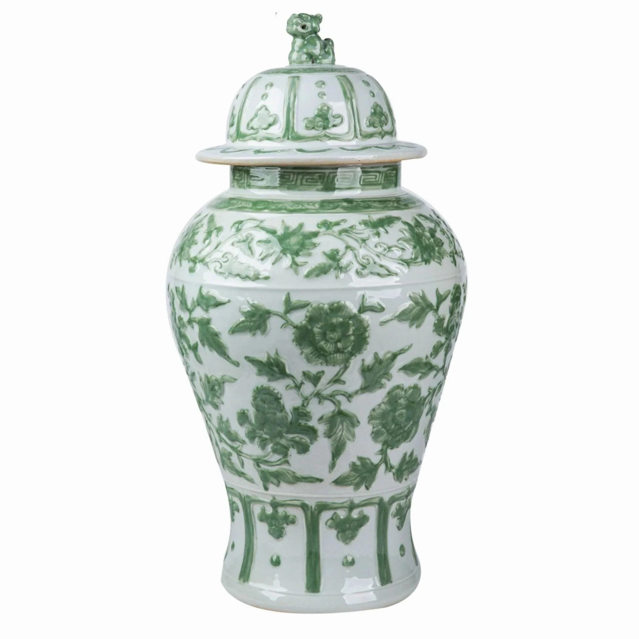 Celadon Green Carved Floral Porcelain Temple Jar with Lion Lid home display ornament