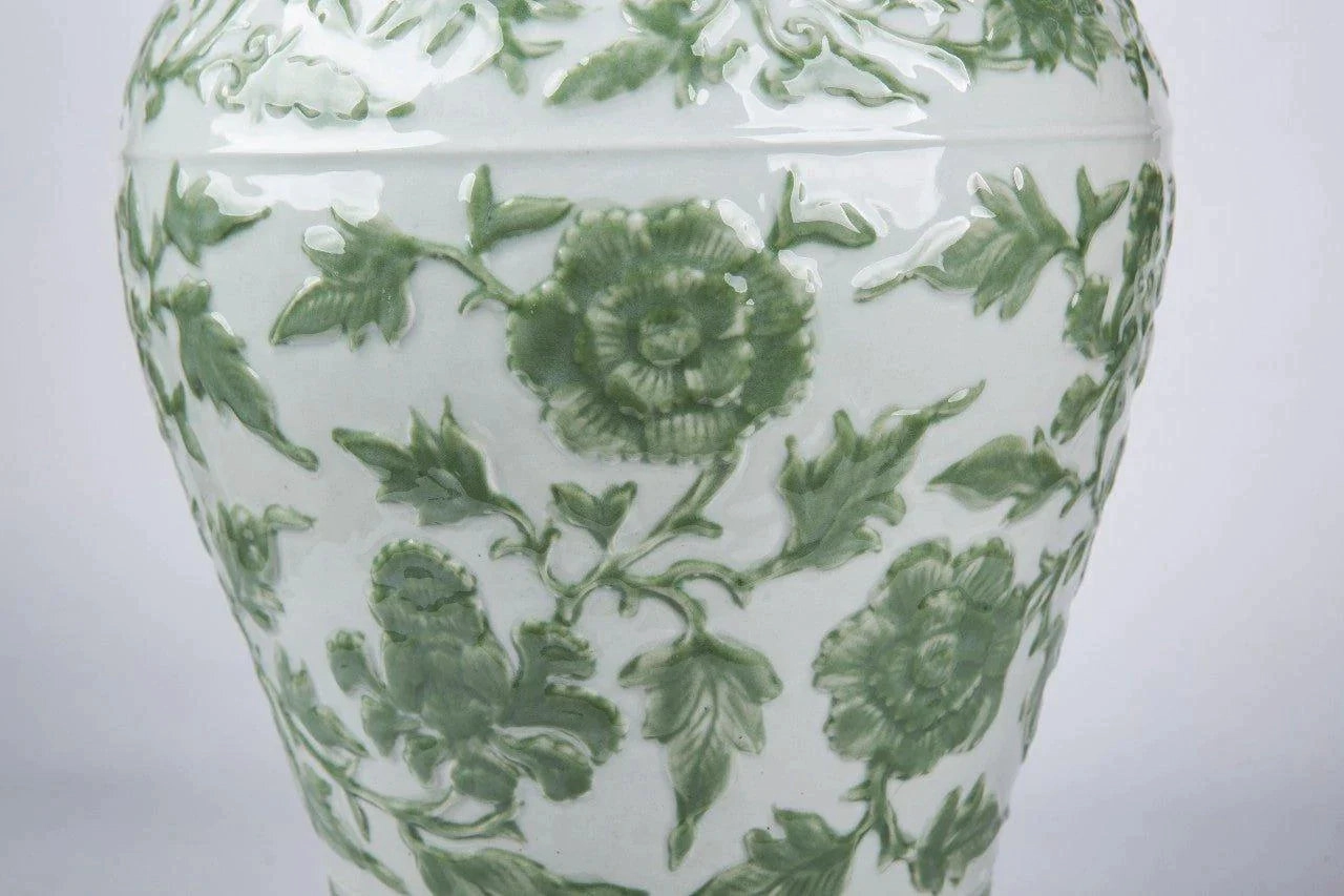 Celadon Green Carved Floral Porcelain Temple Jar with Lion Lid