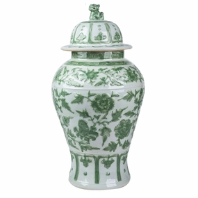 Celadon Green Carved Floral Porcelain Temple Jar with Lion Lid home display ornament