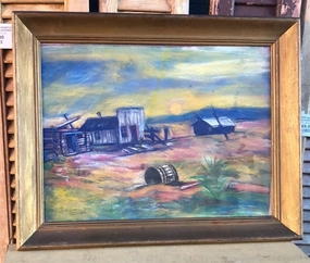 CHALK PAINTING OF DILAPIDATED TOWN SIGNED classic mural painting