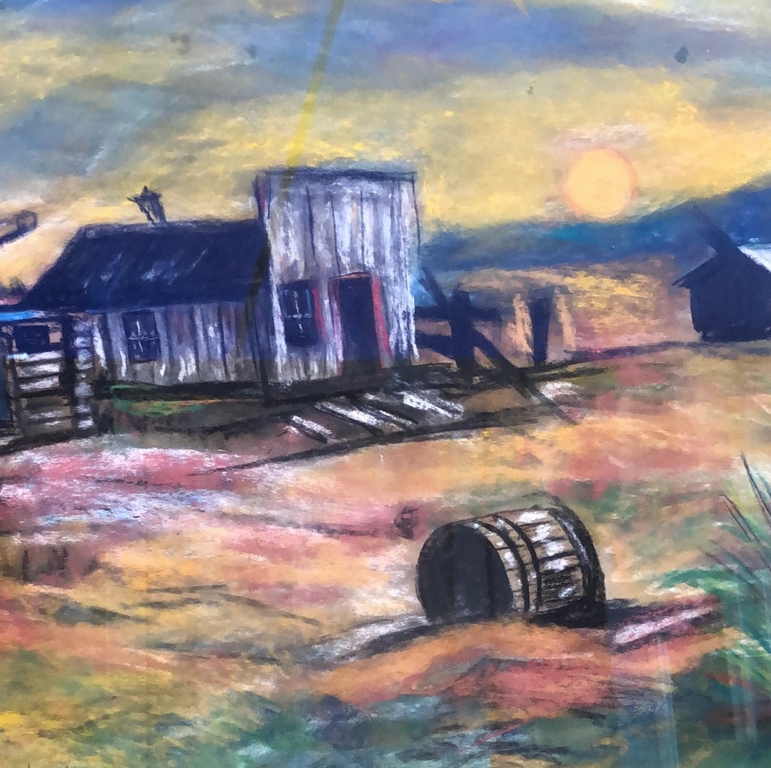 CHALK PAINTING OF DILAPIDATED TOWN SIGNED