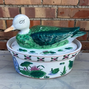 CHINESE OVAL BOWL WITH DUCK LID - NOT OLD interior room decor