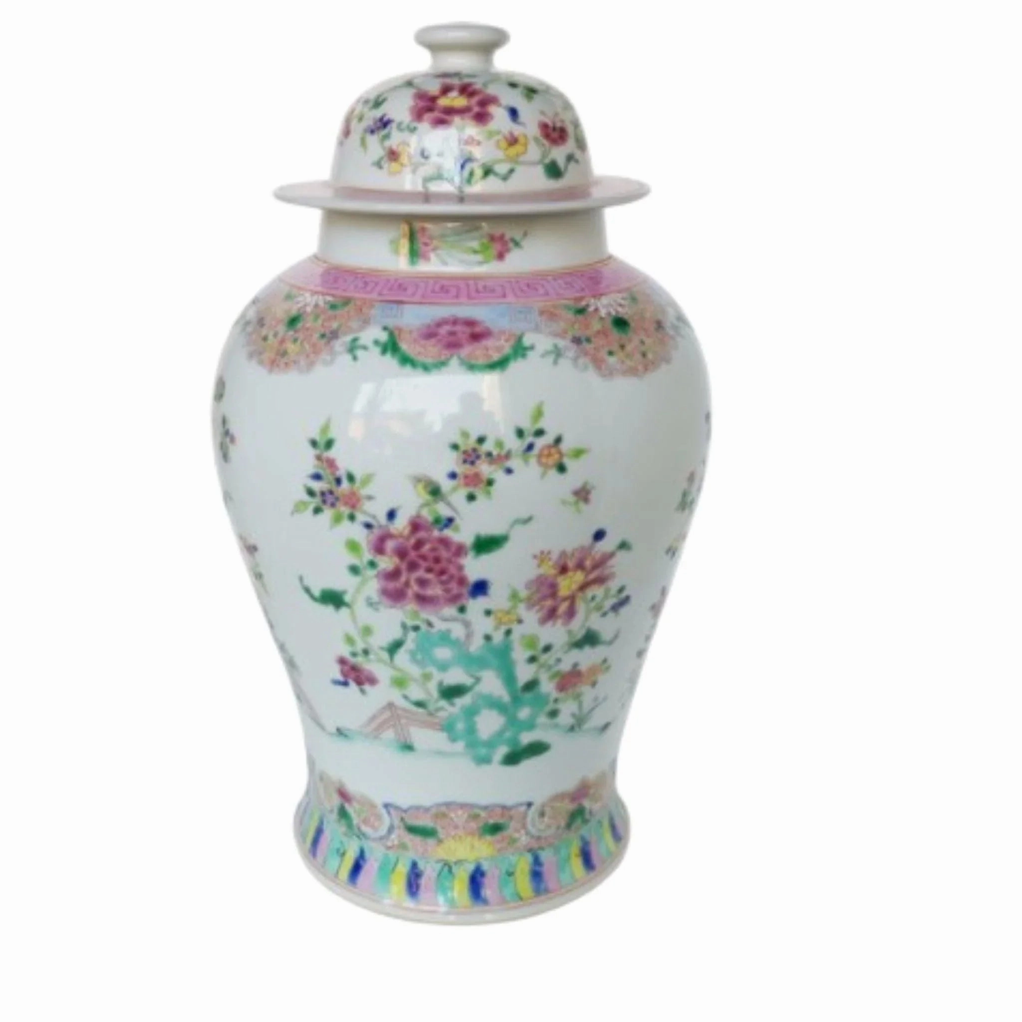 Chinoiserie Multi-Colored Floral Porcelain Temple Jar