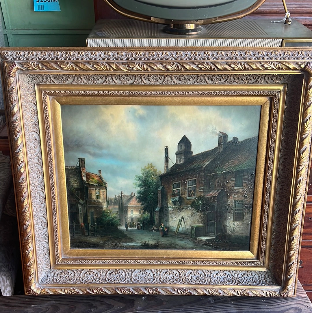 CITYSCAPE OIL PAINTING ON BOARD IN GOLD FRAME - NOT OLD classic mural painting