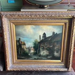 CITYSCAPE OIL PAINTING ON BOARD IN GOLD FRAME - NOT OLD classic mural painting