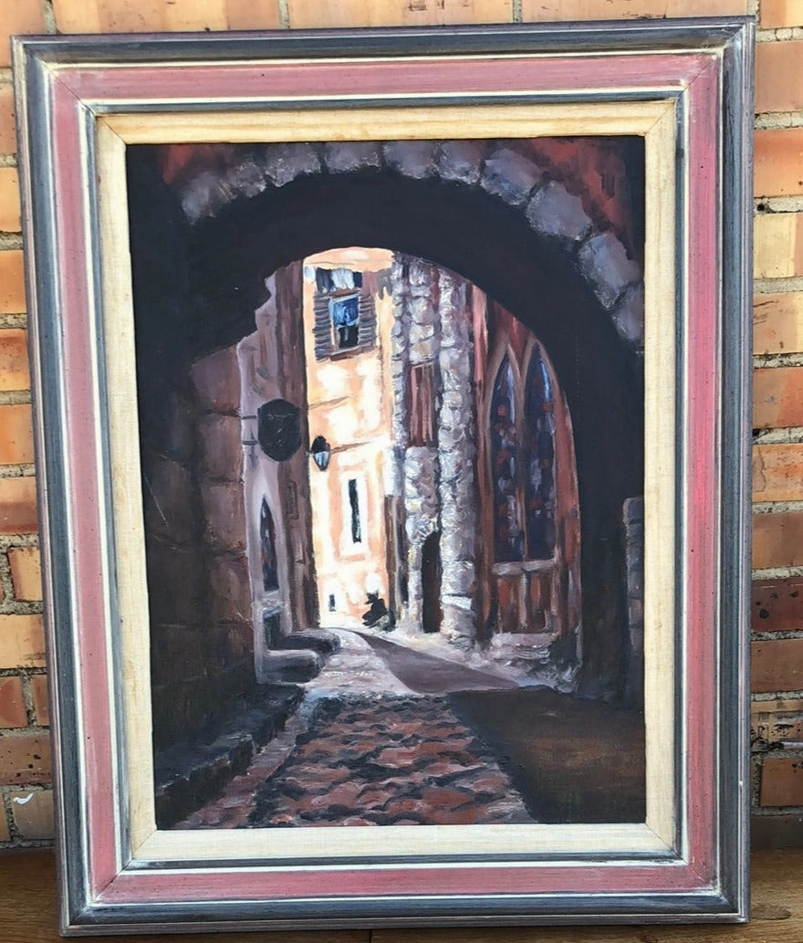 COBBLED STREET SCENE OIL PAINTING ON CANVAS WITH ARCH classic mural painting