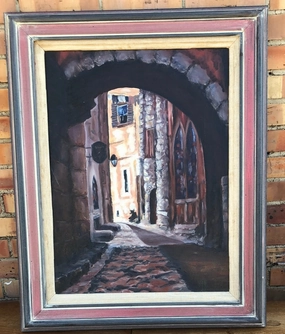 COBBLED STREET SCENE OIL PAINTING ON CANVAS WITH ARCH classic mural painting