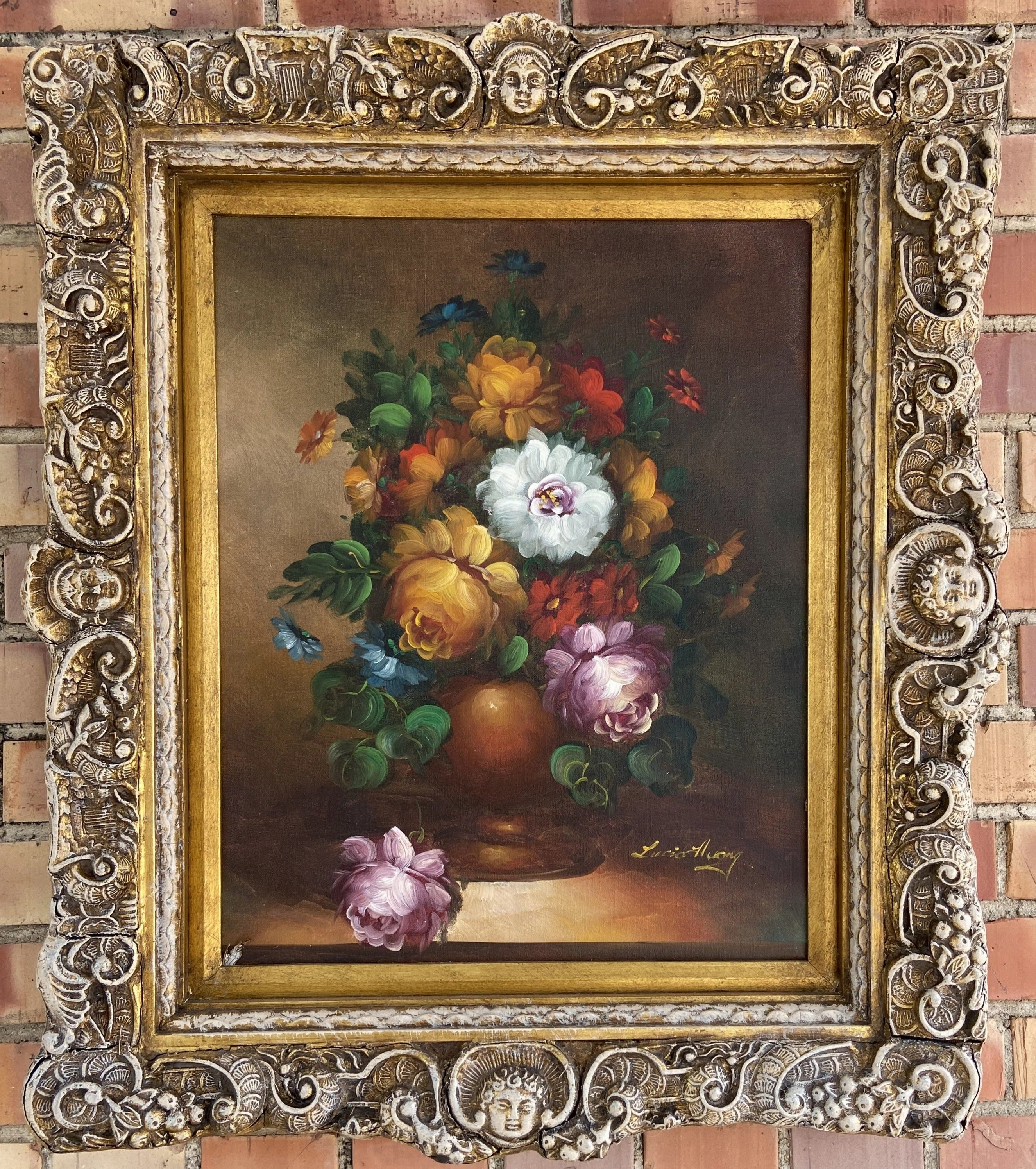 COLORFUL FRAMED FLORAL OIL PAINTING BY LUCIO HUEY classic mural painting