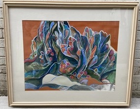 COLORFUL IMPRESSIONIST WATERCOLOR OF PLANTS BY DALLAS ARTIST MARGARET HAGSTROM DUNLAP classic mural painting