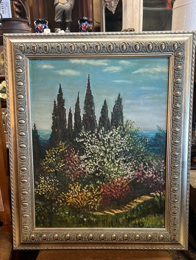 COLORFUL LANDSCAPE PAINTING WITH TALL TREES AND PATHWAY IN SILVER FRAME - AS FOUND classic mural painting