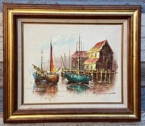 COLORFUL SAILBOATS IN HARBOR OIL PAINTING classic mural painting