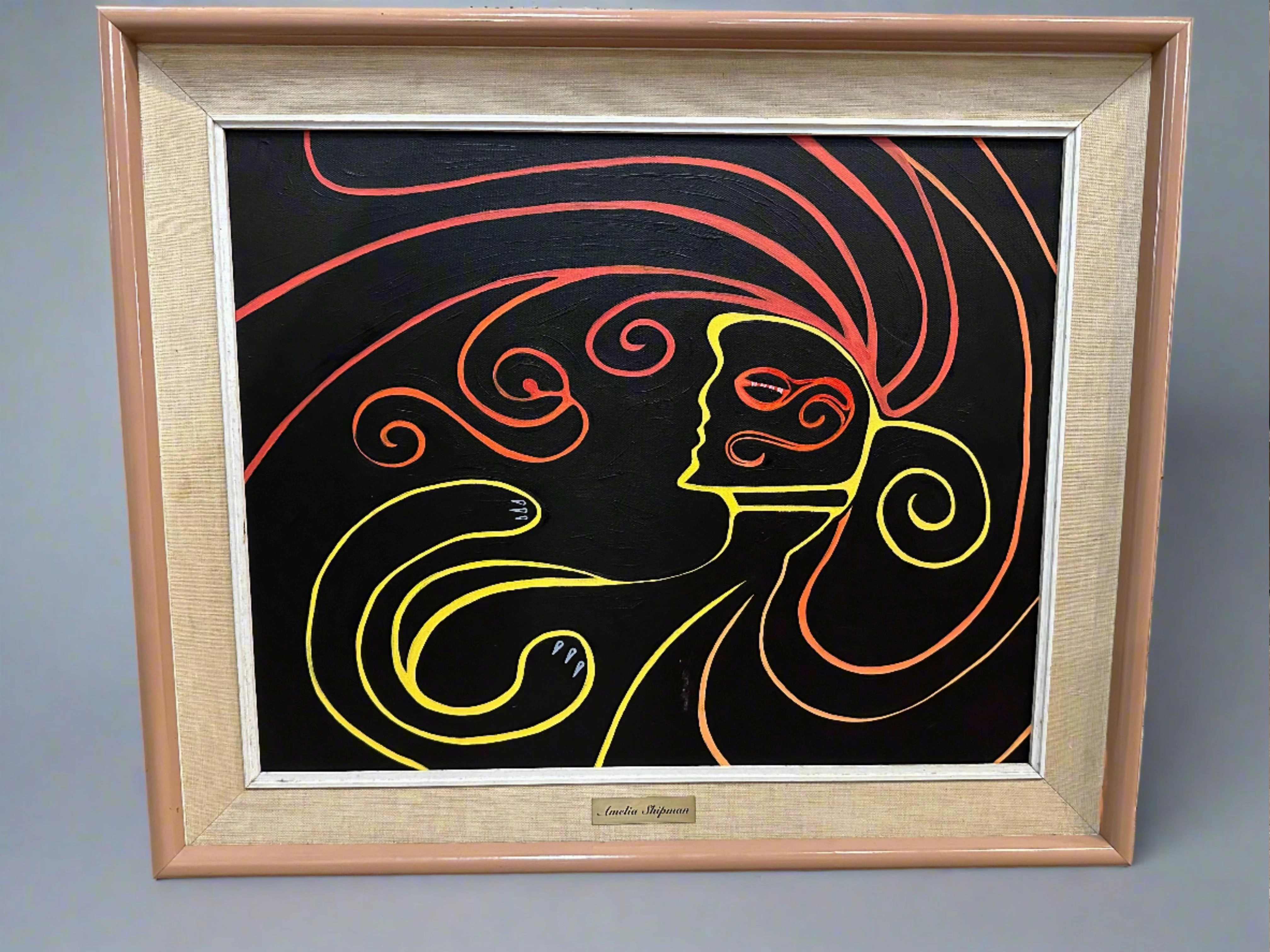 COLORFUL SURREALIST OIL PAINTING OF YELLOW LADY WITH RED HAIR BY AMELIA SHIPMAN classic mural painting