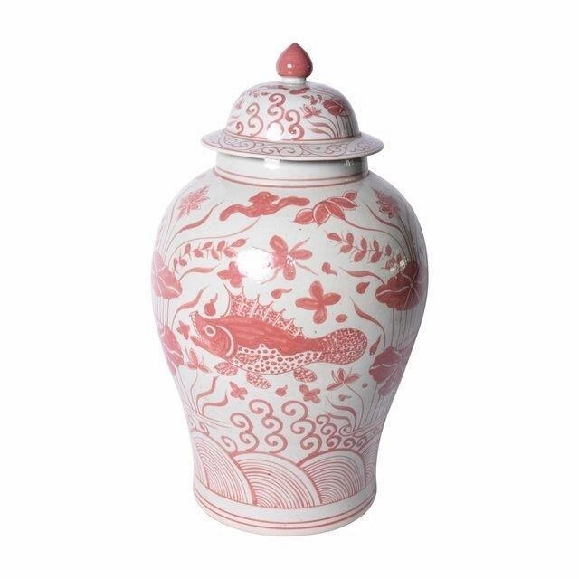 Coral Red Fish Porcelain Temple Jar