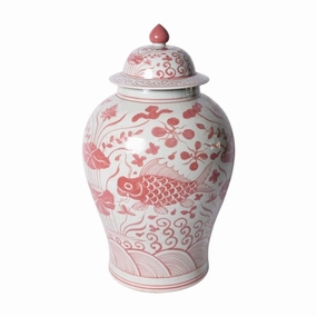 Coral Red Fish Porcelain Temple Jar home display ornament