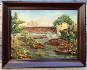 COVERED BRIDGE OIL PAINTING SIGNED ARLETTA classic mural painting