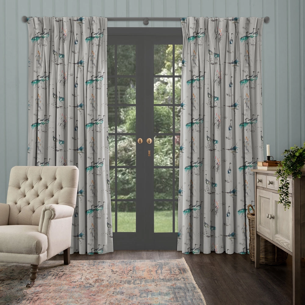 Cranes Printed Made to Measure Curtains Cobalt