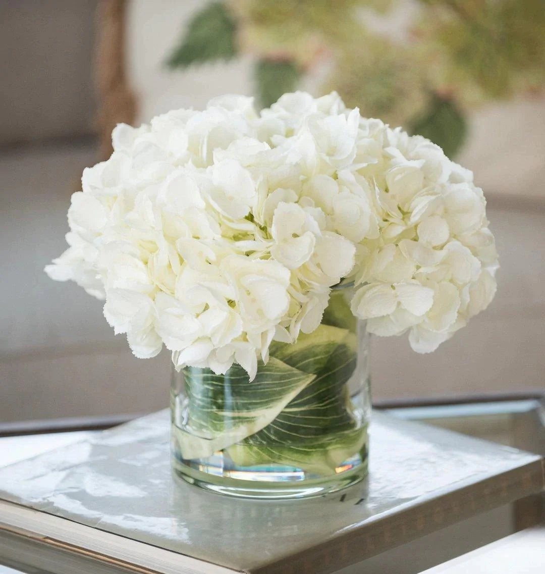 Cream Faux Hydrangea Arrangement in Glass Cylinder