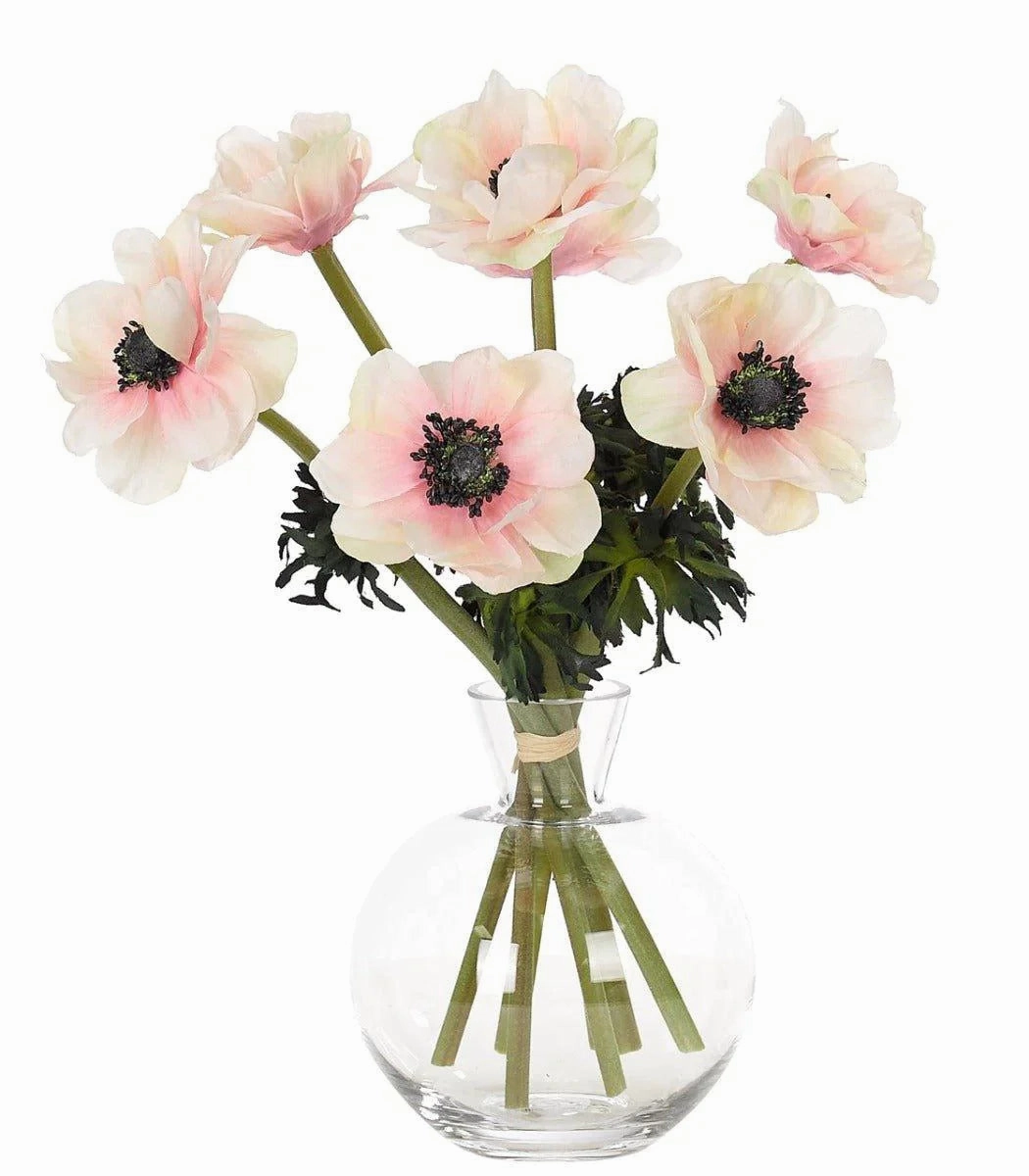 Cream Pink Faux Anemone in Glass Decanter home display ornament
