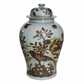 Dali Rustic Brown Flower Bird Porcelain Temple Jar home display ornament