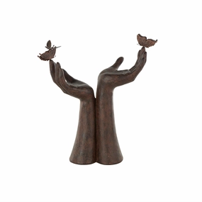 Dark Brown Polystone Hands Raised Decorative Sculpture with Butterfly Accents, 13" x 5" x 14" interior room decor