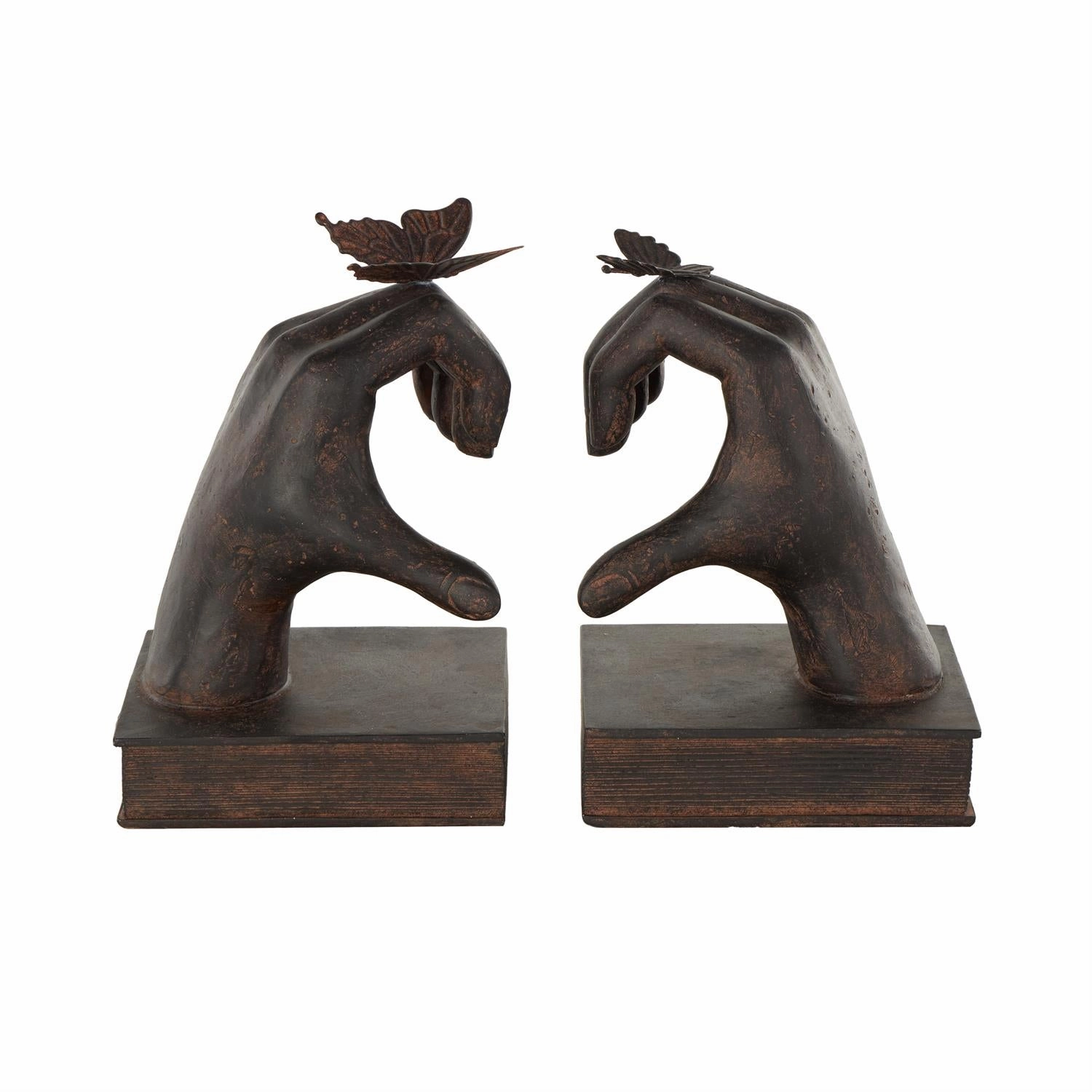 Dark Brown Resin Hands Heart Inspired Decorative Bookends with Butterfly and Copper Accents, Set of 2 interior room decor