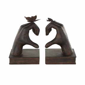 Dark Brown Resin Hands Heart Inspired Decorative Bookends with Butterfly and Copper Accents, Set of 2 interior room decor