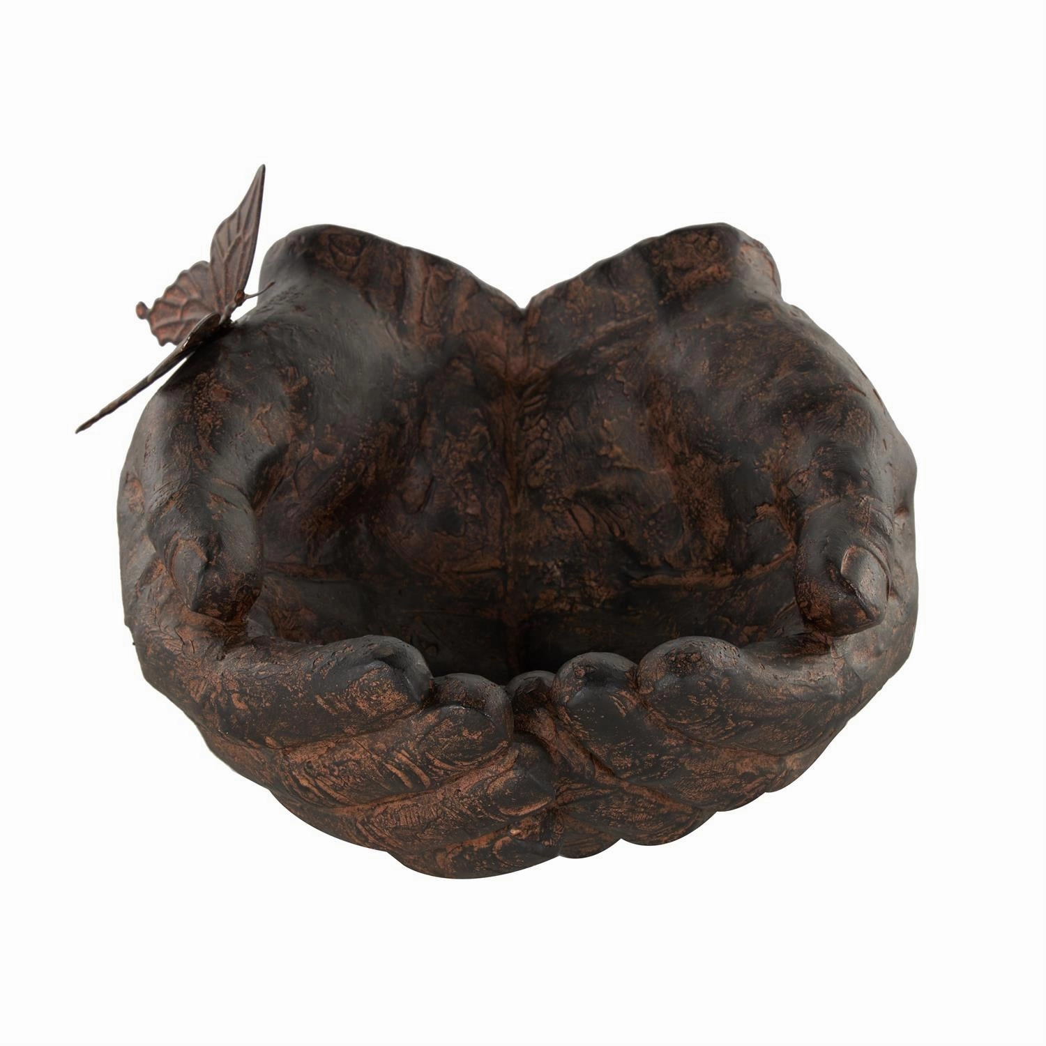 Dark Brown Resin Hands Open with Butterfly and Copper Accents interior room decor