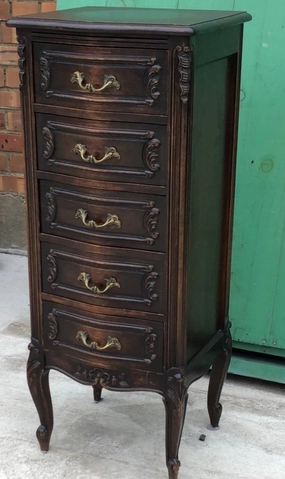 DARK WALNUT LINGERIE NARROW 5 DRAWER TALL COUNTRY FRENCH CHEST interior room decor