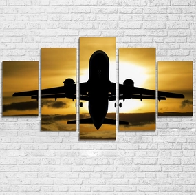 Departing Passenger Jet During Sunset Printed Multiple Canvas Poster canvas mural art