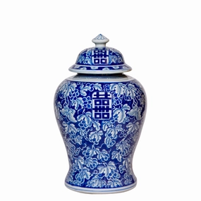 Double Happiness/Grapes Blue and White Temple Jar home display ornament