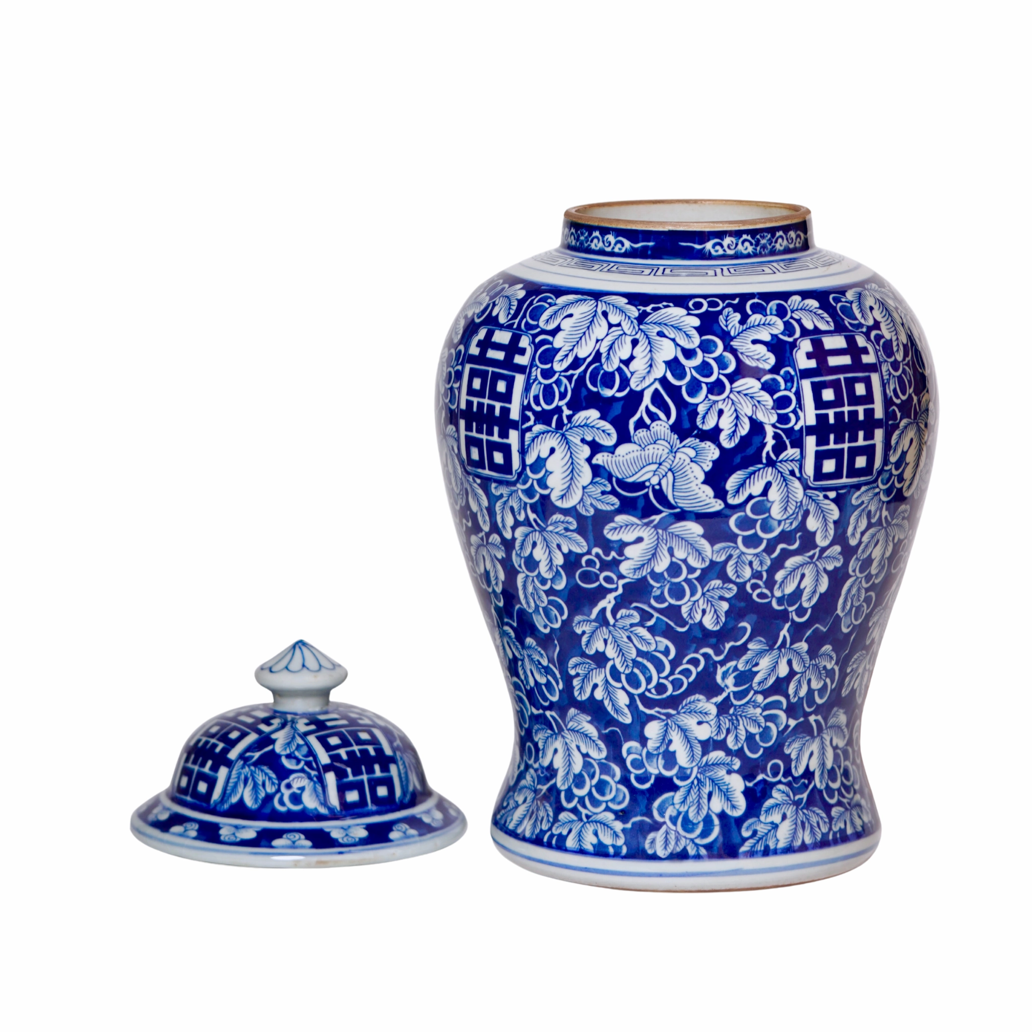 Double Happiness/Grapes Blue and White Temple Jar