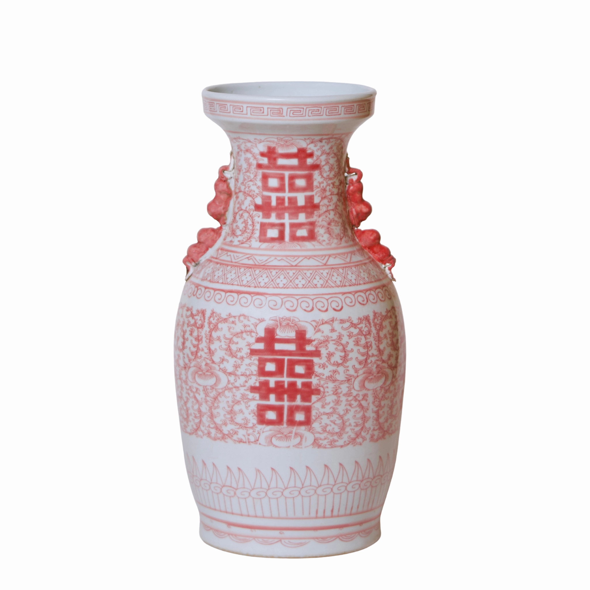 Double Happiness Large Red and White Porcelain Lug Vase home display ornament