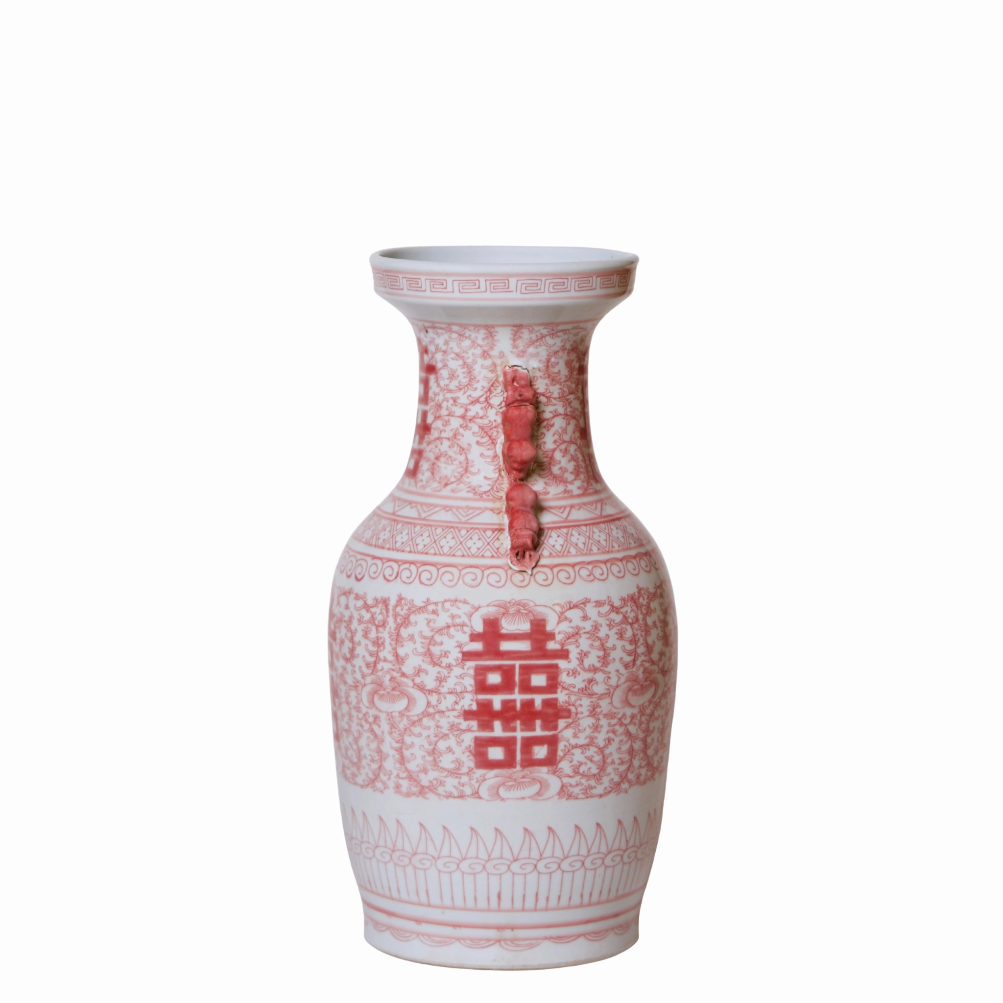 Double Happiness Large Red and White Porcelain Lug Vase