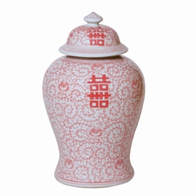 Double Happiness Red & White Porcelain Lidded Temple Jar home display ornament