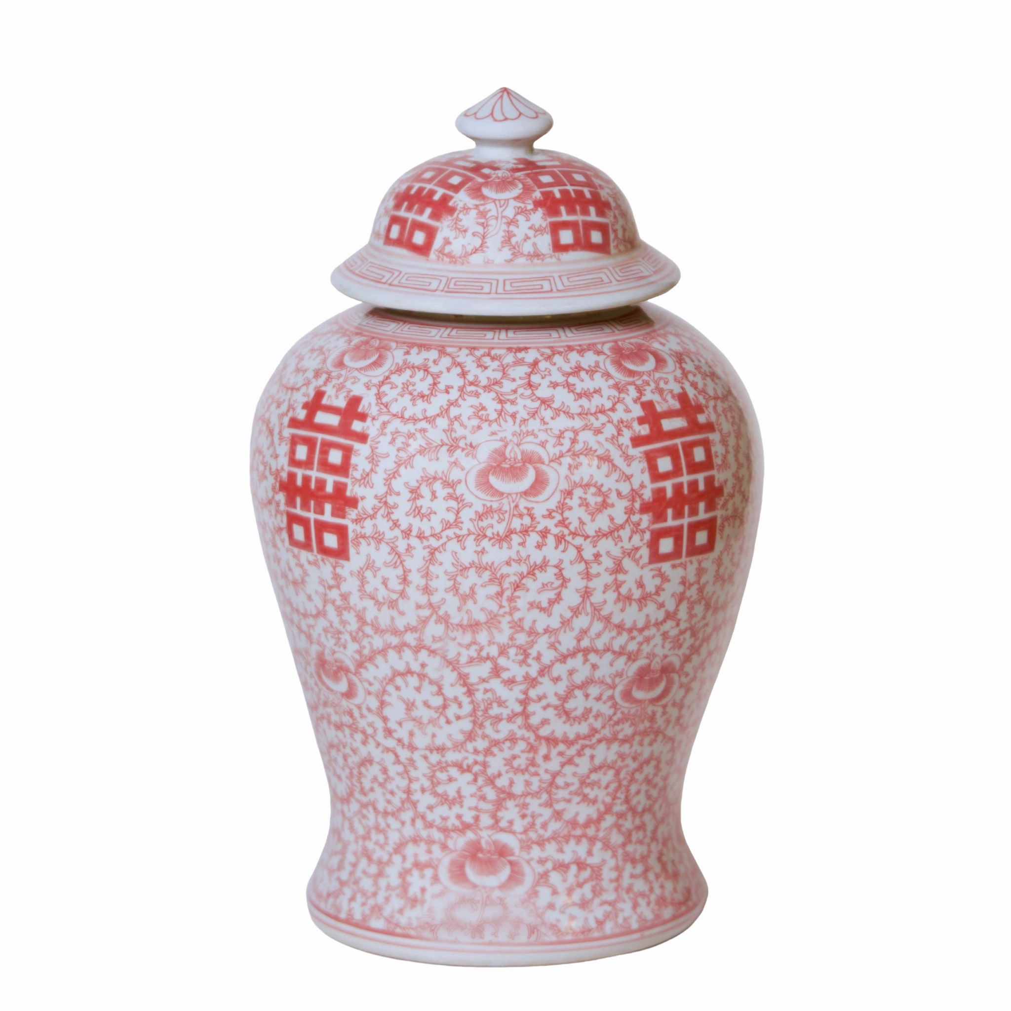 Double Happiness Red & White Porcelain Lidded Temple Jar