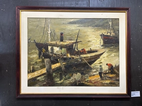DURVAL PEREIRA LARGE FISHING BOAT AT DOCK OIL PAINTING classic mural painting
