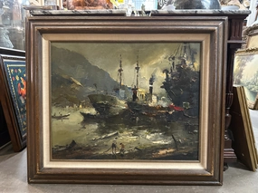DURVAL PEREIRA LARGE IMPASTO SHIPS AT WHARF OIL PAINTING classic mural painting