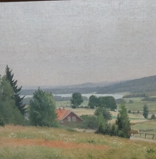 DUTCH COUNTRY SIDE WITH RED ROOF HOUSE OIL PAINTING