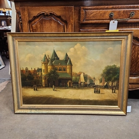 DUTCH VILLAGE SQUARE OIL PAINTING WITH TURRETED MANSION classic mural painting
