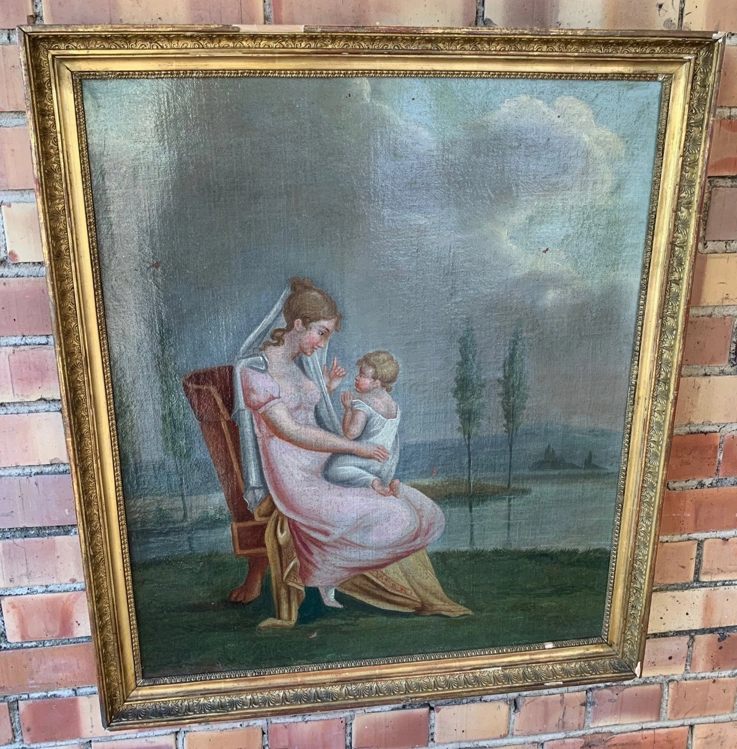 EARLY 19TH C. OIL PAINTING ON CANVAS OF WOMAN AND CHILD classic mural painting