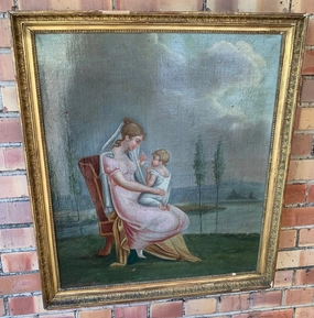 EARLY 19TH C. OIL PAINTING ON CANVAS OF WOMAN AND CHILD classic mural painting