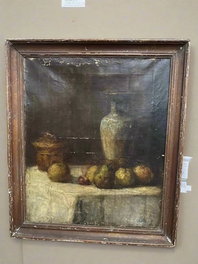 EARLY AS FOUND FRAMED STILL LOFE OIL PAINTING WITH FRUIT AND VASE classic mural painting
